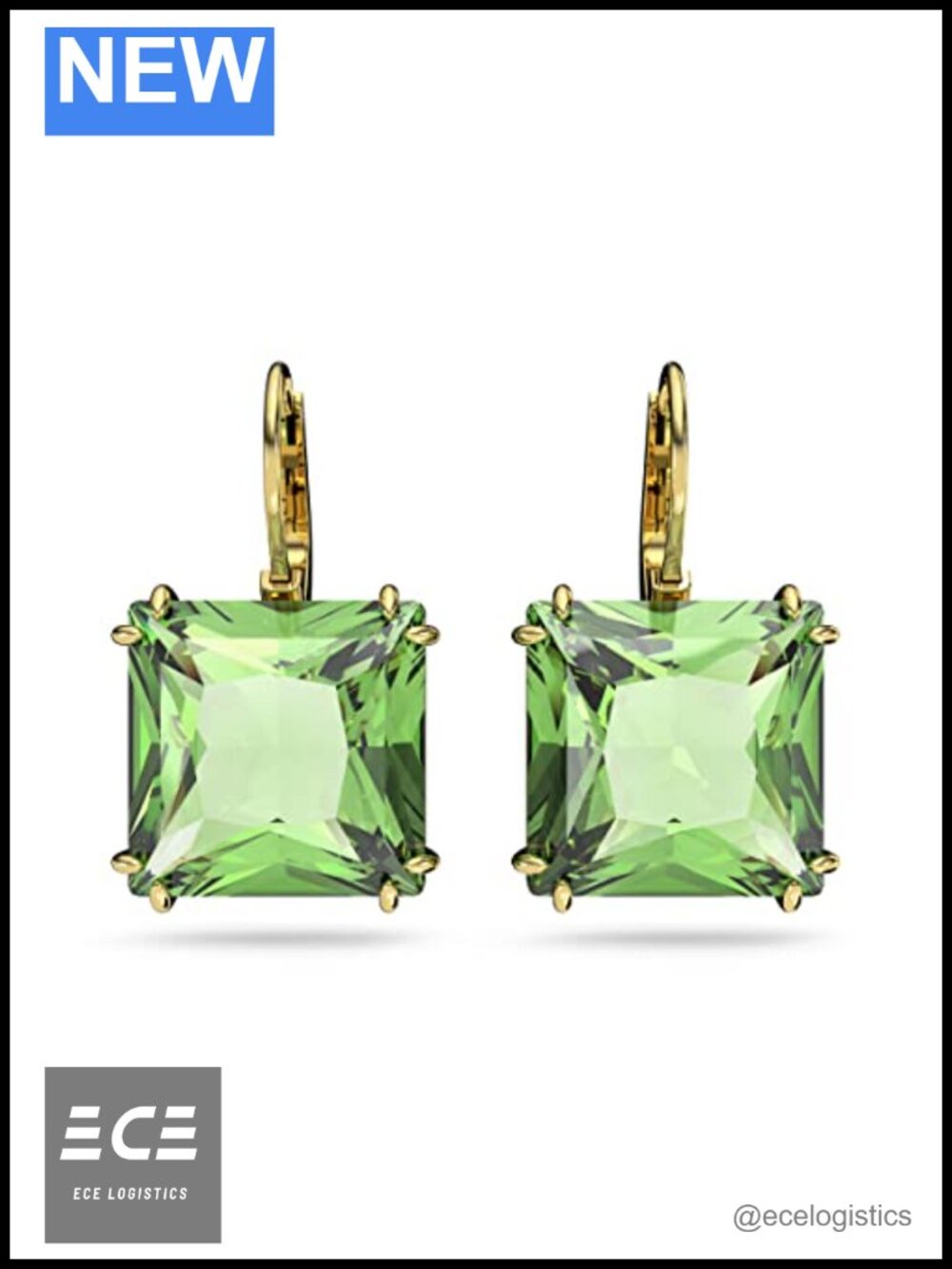 Square Cut Green Crystal Drop Dangle Earrings Gold-tone Plated